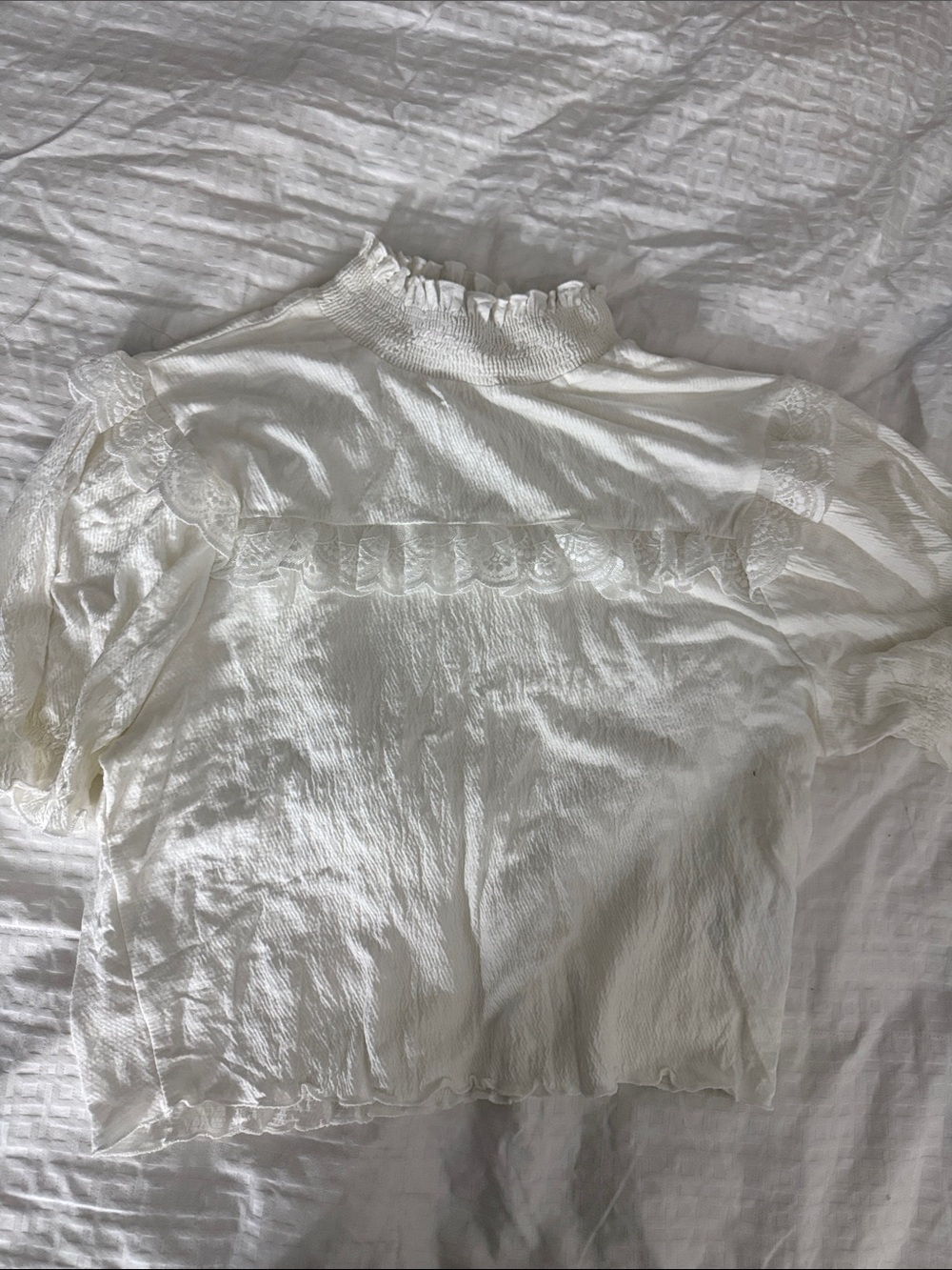 Divided White Ruffle Lace High-Neck Blouse